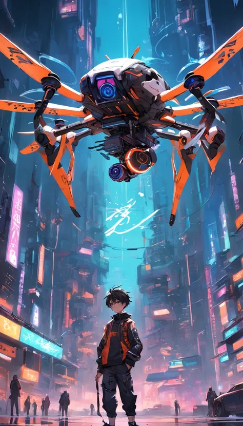 A boy controls a quadcopter drone，cyber punk style，ultra fine detailed，Unique angle