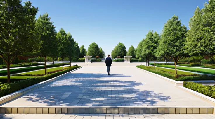 Someone walks the sidewalk of the park, royal garden landscape, green terrace, Formal garden, elegant walkways between towers, a wide open courtyard in an epic, park landscape, inspired by David Chipperfield, landscape architecture photo, rendering, Render...