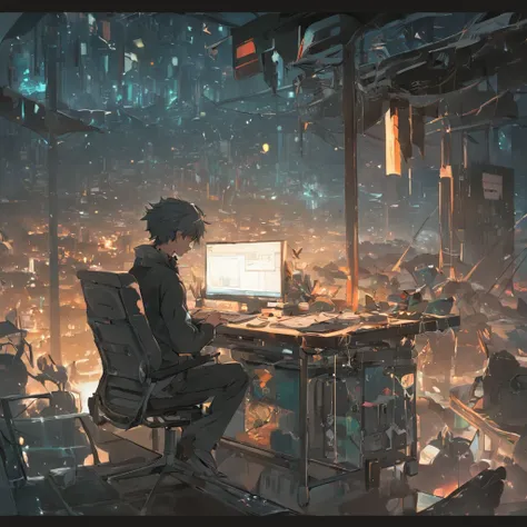 there is a man sitting at a table with a laptop, working on a laptop at a desk, in front of a computer, sitting at a computer, sitting in front of computer, typing on laptop, sitting at a computer desk, sitting at desk at keyboard, computer, advanced techn...