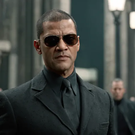 (professional 3d render:1.3) af (Realistic:1.3) most beautiful perfect artwork photo in the world of a full-length cinematic HDR still shot of Laurence Fishburne Morpheus fighting Agent Smith in "The Matrix" film from 1999: Laurence Fishburne Morpheus wear...