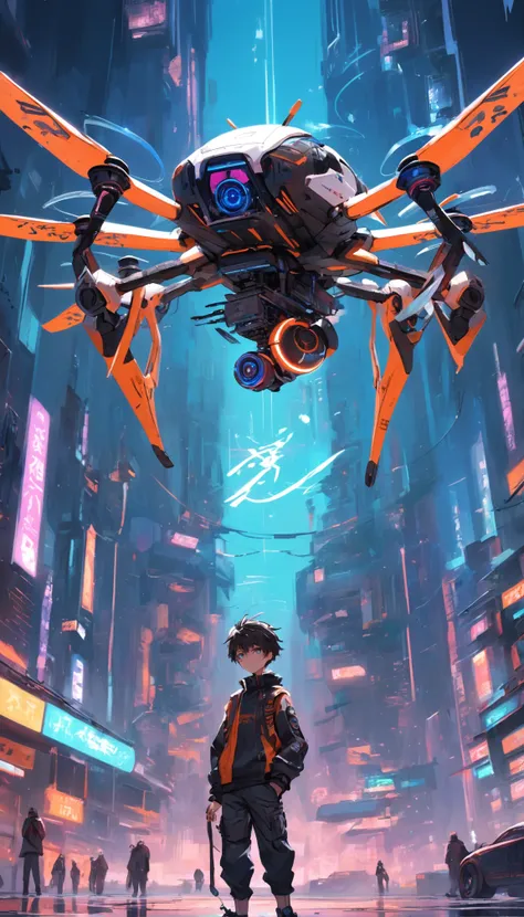 A boy controls a quadcopter drone，cyber punk style，ultra fine detailed，Unique angle