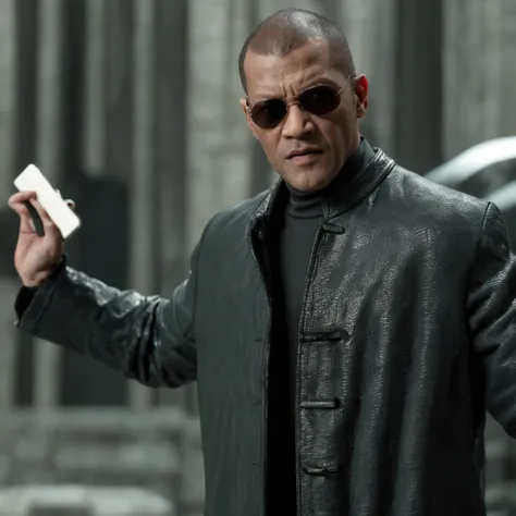 (professional 3d render:1.3) af (Realistic:1.3) most beautiful perfect artwork photo in the world of a full-length cinematic HDR still shot of Laurence Fishburne Morpheus fighting Agent Smith in "The Matrix" film from 1999: Laurence Fishburne Morpheus wear...