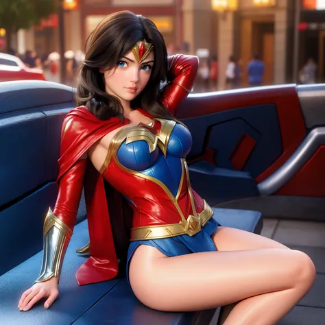 Superman as girl merge with wonder woman, sexy, sitting on bench, metropolitan background, sexy, alluring, sensual