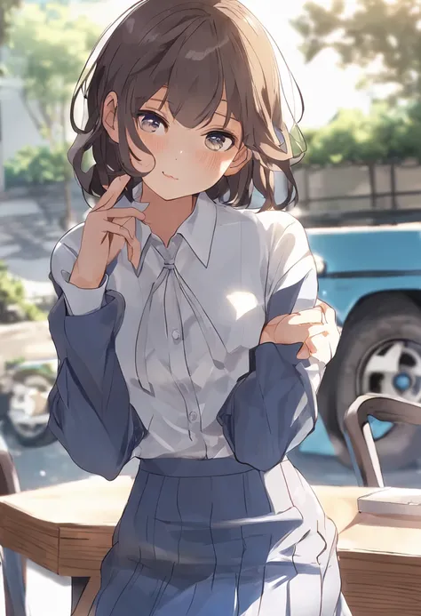 Top image quality、Beautuful Women、High school students、cute little、二重まぶた、爆乳、Brown-skinned、Super delicate face、a blue skirt、dress shirt、thighs thighs thighs thighs、school classrooms