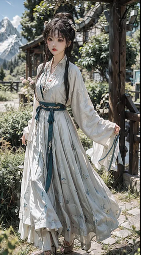 20-year-old goddess，Ancient wind_Antique sexy Hanfu，perfect bodies，Plump breasts，Expose long legs，offcial art，Extremely detailed，Alpine clouds in background，Immortal air drifting