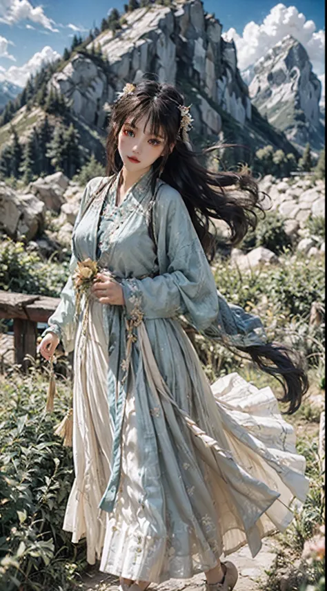 20-year-old goddess，Ancient wind_Antique sexy Hanfu，perfect bodies，Plump breasts，Expose long legs，offcial art，Extremely detailed，Alpine clouds in background，Immortal air drifting