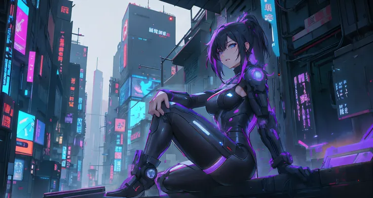 Cyber girl sitting on a ledge in the city at night。Cyberpunk anime art envelops her as digital worlds intersect。Modern cyberpunk art style illuminated by neon lights、It depicts a fusion of an anime girl and a mecha.。This art with a cyberpunk theme is、Feel ...