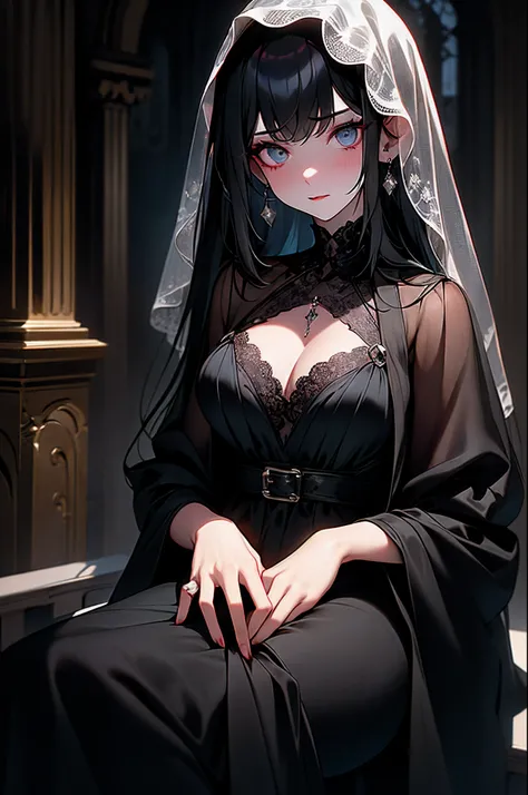 (sinister, eerie atmosphere, chilling details, dimly lit), haunting work of art, spine-tingling excellence, lone woman, by herself, spectral allure, ebony hair, haunted eyes and intricately crafted visage, looking at the viewer, ((ancient bloodstained gown...