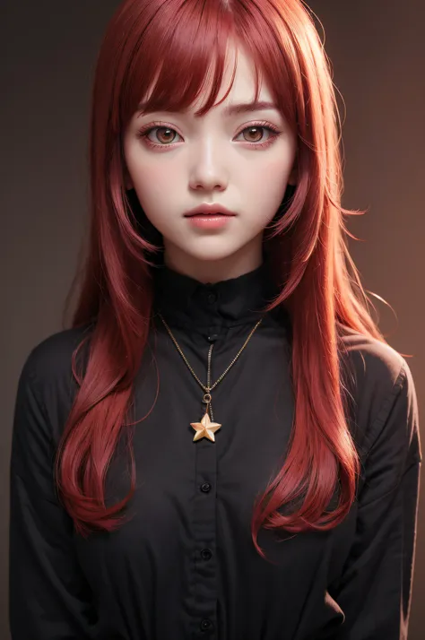 1girll, star eye, blush, Perfect litthing, Red hair, Red Eyes, Illusion Engine, side lights, Detailed face, Bangs, bright skin, Simple background, Dark background,