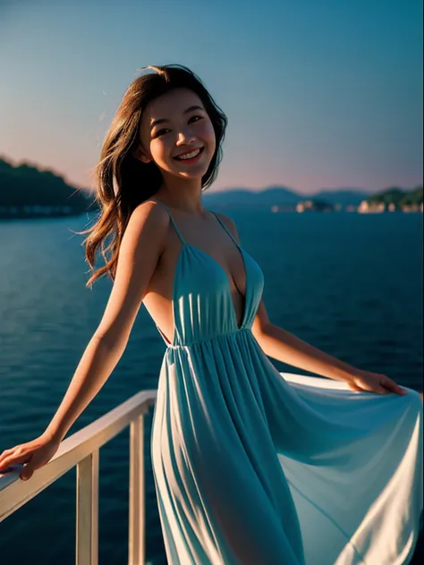 Morning Lake，Smiling girl in deep V backless dress,aboard,High quality,Masterpiece,Medium shot,Cinematic lighting effects，Kos upwards,toplight