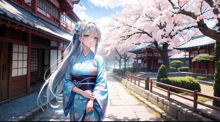 1girl, long silver hair, blue cyan eyes, wearing beautiful japanese kimono, sakura trees, traditional building, high res, ultrasharp, 8k, masterpiece, looking at viewer