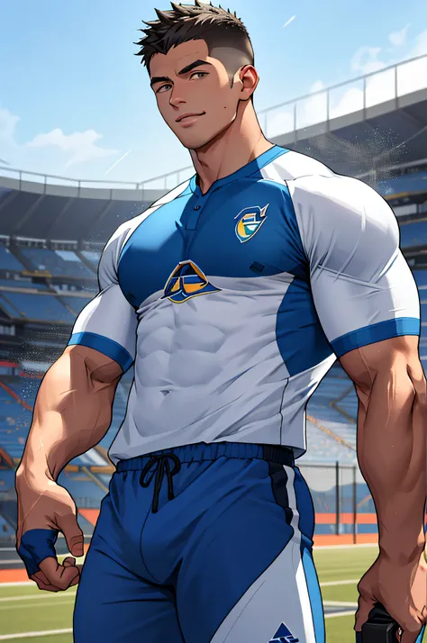 Draw a full-fledged athlete，Stand on the central field of the gym，He wears high-end sportswear，The man looks confident and determined，rays of sunshine，cheerful big breasts，Handsome，Crew cut，full bodyesbian，shooting from below，