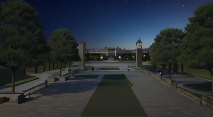 Someone walks the sidewalk of the park, royal garden landscape, green terrace, Formal garden, elegant walkways between towers, a wide open courtyard in an epic, park landscape, inspired by David Chipperfield, landscape architecture photo, rendering, Render...