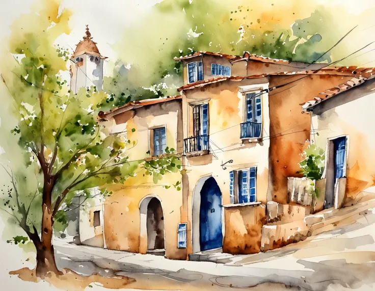 livros, em desenhos em aquarela, pequena cidade na Toscana, fofo, em desenhos em aquarela, Aquarela, 4k resolution, fundo branco, pastels colors