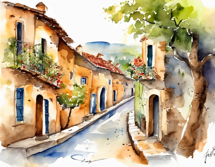 livros, em desenhos em aquarela, pequena cidade na Toscana, fofo, em desenhos em aquarela, Aquarela, 4k resolution, fundo branco, pastels colors