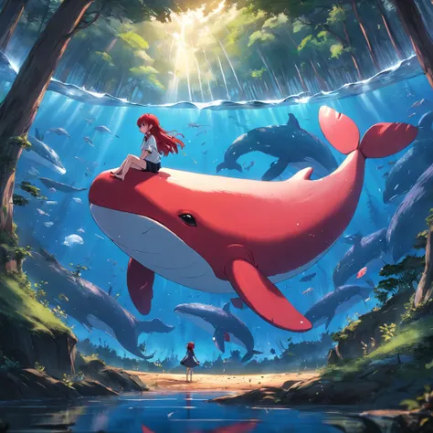 Fantastic atmosphere with a red-haired girl sitting on the back of a fat red whale, Cute whale image, The whales tail is pointing upwards in the air, Fantastic forest with big trees in the background, stereogram, high quality, masterpiece