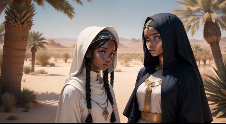 A man from biblical times in robes, two black girls with blue eyes, clothes from biblical times, in an oasis of desert palm trees