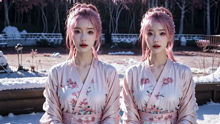 face lighting,bright backlight,medium breasts,super high resolution,best quality,Photos,4k,(Realistic:1.2),1girl,Pink hair,(Snow:1.2),hanfu,sky blue clothes,Half-body phase,