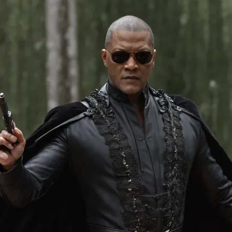 (professional 3d render:1.3) af (Realistic:1.3) most beautiful perfect artwork photo in the world of a full-length cinematic HDR still shot of Laurence Fishburne Morpheus wearing a black Fishburne Alligator Coat blade head, fighting Agent in "The Matrix" f...