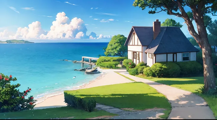 sea side cottage, clouds, tree near the cottage, cozy scene, anime