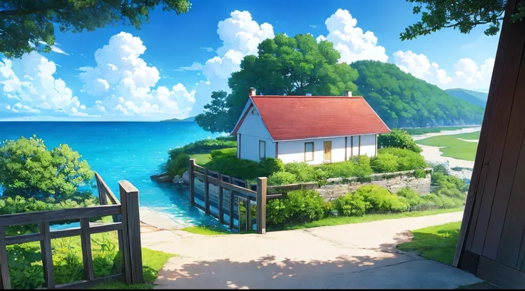 sea side cottage, clouds, tree near the cottage, cozy scene, anime