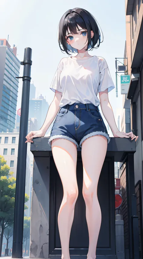 1 girl, short black hair, blue eyes, wearing plain white shirt, denim shorts, city, absurdres, high res, utra sharp, 8K, masterpiece, looking at viewer