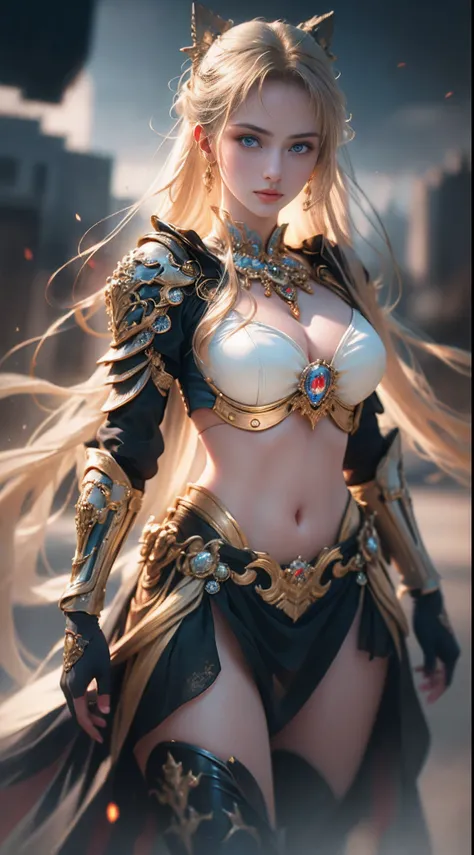 8K  UHD，RAW photo，a woman in a black armor，Full body armor：1.2，Handsome girl，long whitr hair，blonde with blue eyes，The face is delicate，Delicate skin，Full breasts，Crystal clear lips，Slender legs，(Real Human:1.3)，(A high resolution:1.4)，(A detailed:1.5)，(ph...