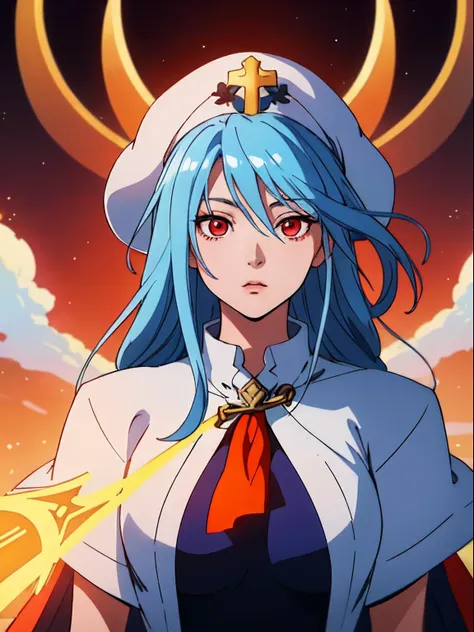 Fantasy background、(​masterpiece、top-quality:1.2)、((facing front:1.2))、With bangs、lightblue hair、Longhaire、red eyes、２０Young woman in age、((The upper part of the body:1.2))、Promotional Art、offcial art、(priestess:1.1)、Wearing a hat with a cross、Cross and blu...