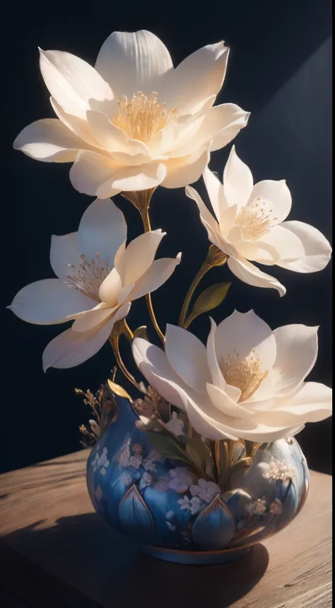 best quality, realistic, photorealistic, ultra detailed, "Mountain of Flower and Fruit+Fairy+Chinese Architecture" highly detailed carving on "southern ice" porcelain,Ultra wide angle,Accent Lighting,Volumetric Lighting,backlighting, (detailed light),((an ...