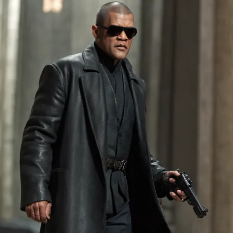 (professional 3d render:1.3) af (Realistic:1.3) most beautiful perfect artwork photo in the world of a full-length cinematic HDR still shot of Laurence Fishburne Morpheus wearing a black Fishburne Alligator Coat blade head, fighting Agent in "The Matrix" f...