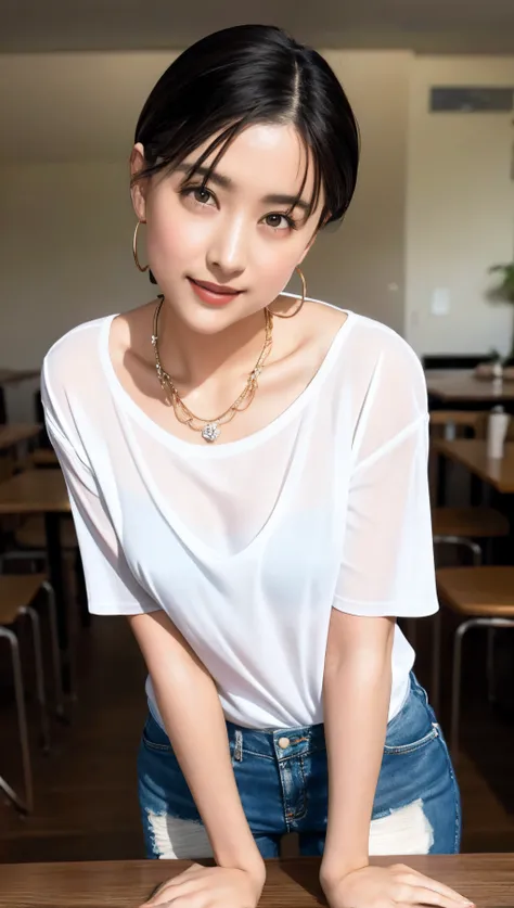 (Best quality, 8k, 32k, Masterpiece, UHD:1.2),Photo of Pretty Japanese woman, 1gril,black short hair,large breasts,(detailed white loose t-shirt:1.2),denim pants,necklace,(detailed lace bra:1.05),(leaning forward:1.8),looking at viewer,pov,looking down,acr...