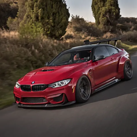 Bmw with liberty walk bodykit, red colour car, riding on the road, in sunshine morning, The direction of the front of the car is on the left, Don’t make photos too cartoony