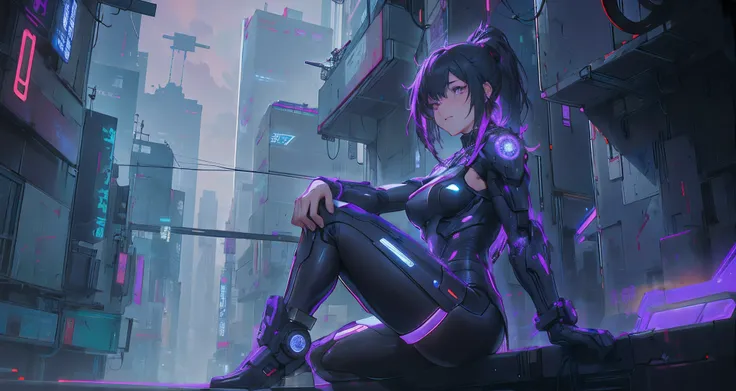 Cyber girl sitting on a city shelf at night。Cyberpunk anime art is、Envelop her as the digital world intersects。Modern cyberpunk art style illuminated by neon lights、It depicts the fusion of anime girls and mecha.。This cyberpunk-themed art is、Feels like a d...