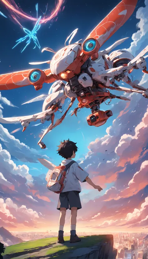 A boy controls a quadcopter drone，in style of hayao miyazaki，ultra fine detailed，Unique angle