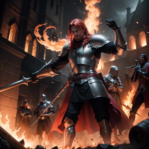 Knight Templar on his back with his arms raised watching a red-haired witch being burned in a muzzle and an angry mob in the background