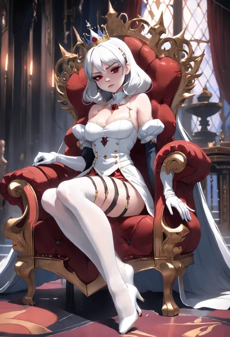 Evil Queen，White mask，White stockings，white long gloves，White mask，No shoes red，short  skirt，Full body like，conservativelydressed，No shoes，unholy，Sit Pose，sitting on an royal throne，big breasts beautiful，whaite hair，short detailed hair