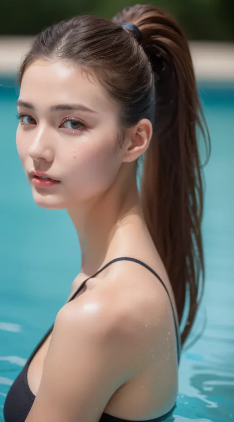 ((Best quality, 8k, Masterpiece :1.3)), 1girl, Pretty woman with emphasizing slender abs :1.3, (Dark brown hair, Ponytail, Huge breasts :1.2), Wet body:1.2, Pool, Ultra-detailed face, Detailed eyes, Double eyelid