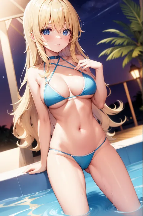 year old girl, long vanilla blonde wavy curly hair, blue eyes, beautiful skin, pastel colorful bikini, posing in a pool, nighttime, sexy, biting her lips