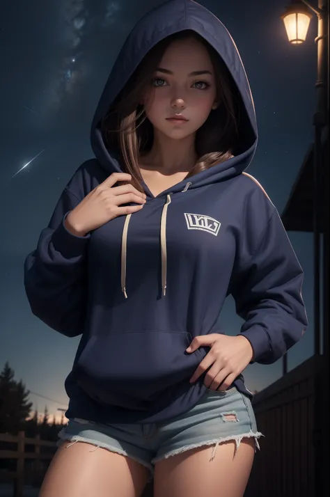 1girl, rating:safe, hood, breasts, tree, hands_in_pockets, night, solo, hoodie, shorts, night_sky, large_breasts, hand_on_hip, sky, cleavage, long_hair, short_shorts