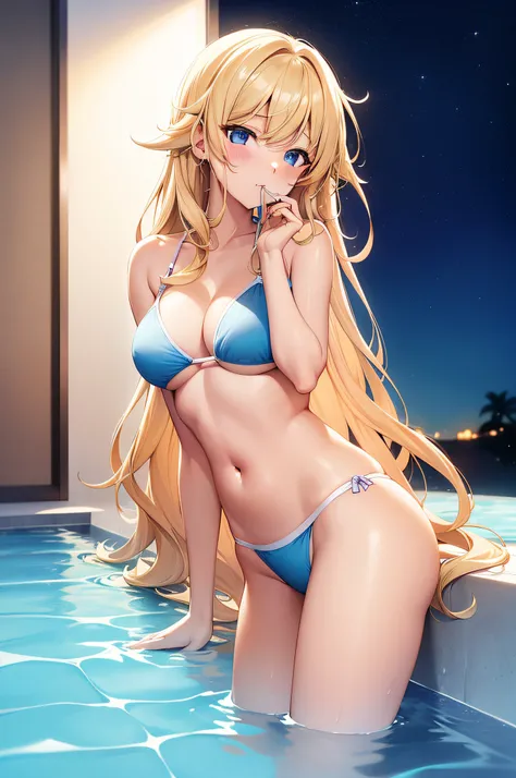 year old girl, long vanilla blonde wavy curly hair, blue eyes, beautiful skin, pastel colorful bikini, posing in a pool, nighttime, sexy, biting her lips