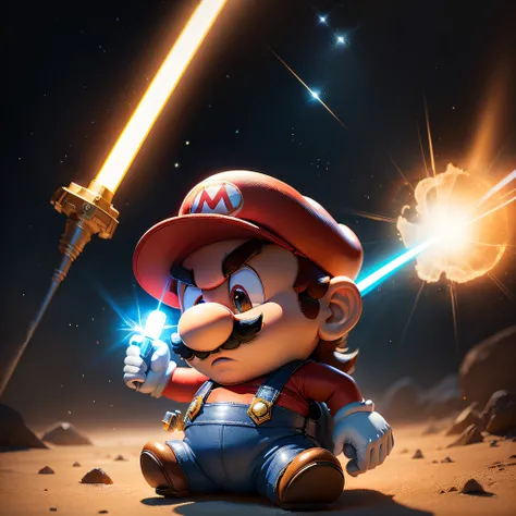 MARIO USANDO UM SABRE DE LUZ, USANDO CHAPEU COM UM M DE MARIO