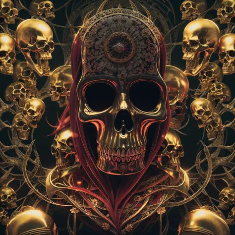 The background is dark and fantastic，Gold skull in the center，Psychedelic atmosphere，Masterpiece，high-detail，perfect-composition，face perfect，perfect bodies，the golden ratio，8K