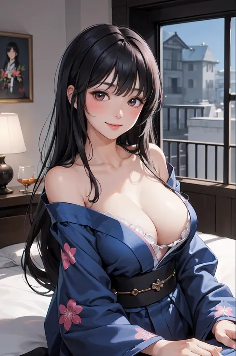 luxury room indoors, 1lady solo, mature female /(black long hair/) bangs, blue yukata, blush kind smile, (masterpiece best quality:1.3) delicate illustration high resolution ultra-detailed perfect face beautiful skin large breasts