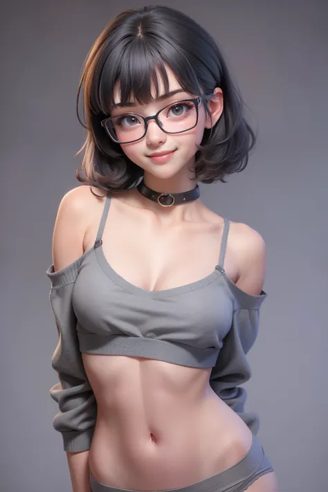 1 cute girl (18yo) glasses, upper body, slim waist, small breast, sexy pose, naugthy face, bangs, random hairstyle, cleavage, navel, collar, collarbone, off shoulder, seductive smile, wear gray hot underwear, gray background