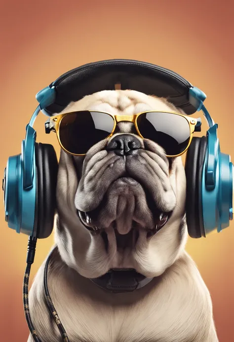 Estilo realista, master part, best quality, 8k, art-station, foco nítido, ultra-realistic, detalhes altos, cool pug wearing RayBan sunglasses and headphones, com microfone podcast, Podcaster