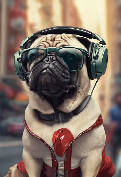 Estilo realista, master part, best quality, 8k, art-station, foco nítido, ultra-realistic, detalhes altos, cool pug wearing RayBan sunglasses and headphones, com microfone podcast, Podcaster