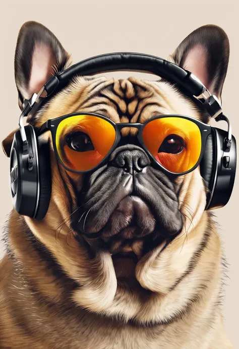 Estilo realista, master part, best quality, 8k, art-station, foco nítido, ultra-realistic, detalhes altos, cool pug wearing RayBan sunglasses and headphones, com microfone podcast, Podcaster