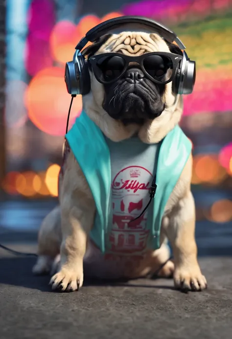 Estilo realista, master part, best quality, 8k, art-station, foco nítido, ultra-realistic, detalhes altos, cool pug wearing RayBan sunglasses and headphones, com microfone podcast, Podcaster