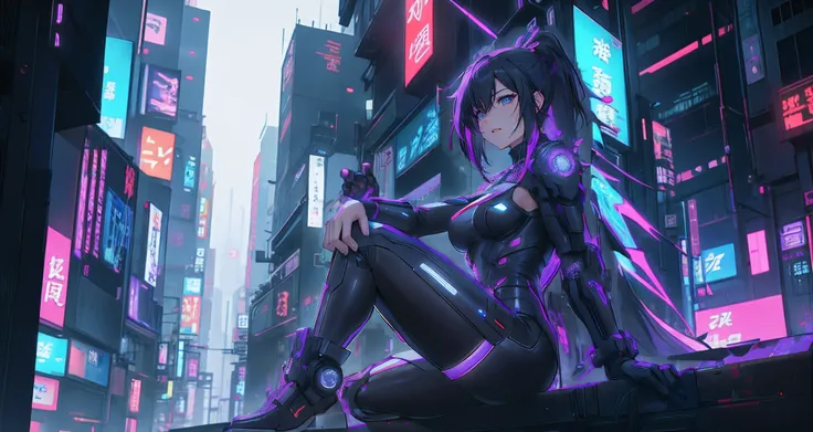 Cyber girl sitting on a ledge in the city at night。Cyberpunk anime art envelops her as digital worlds intersect。Modern cyberpunk art style illuminated by neon lights、It depicts a fusion of an anime girl and a mecha.。This art with a cyberpunk theme is、Feel ...