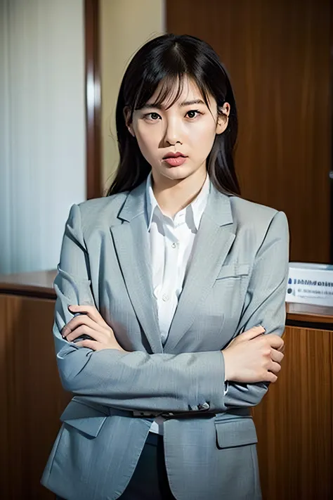 Realistic and delicate photograph of Japan women in their 20s, Sit in a modern office environment. Work as a receptionist, She wears a recruits suit and wears professional clothes. Her arms are clearly crossed in irritation, And her face contorts with disc...